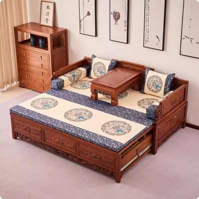 新中式实木推拉罗汉床榆木多功能伸缩两用沙发床储物小户型罗汉榻